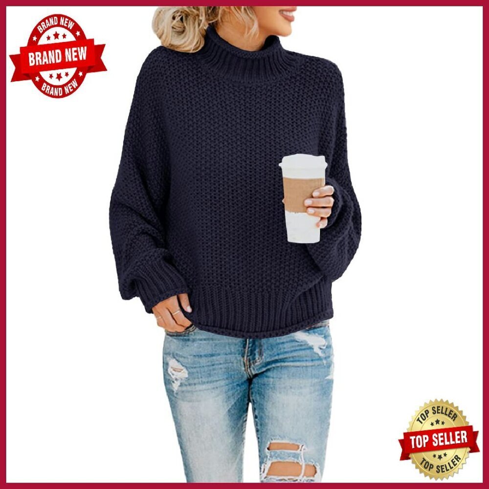 Oversized Turtleneck Chunky Knit Sweater Batwing Sleeve Pullover